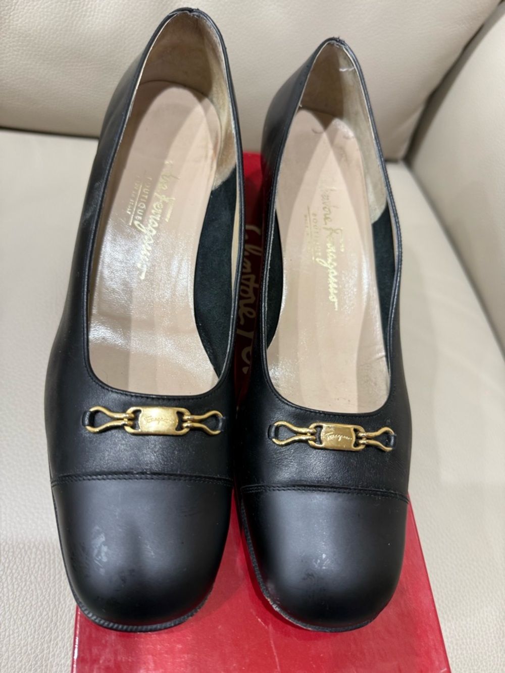 Salvatore Ferragamo Black Leather Pumps with Gold Bit Detail